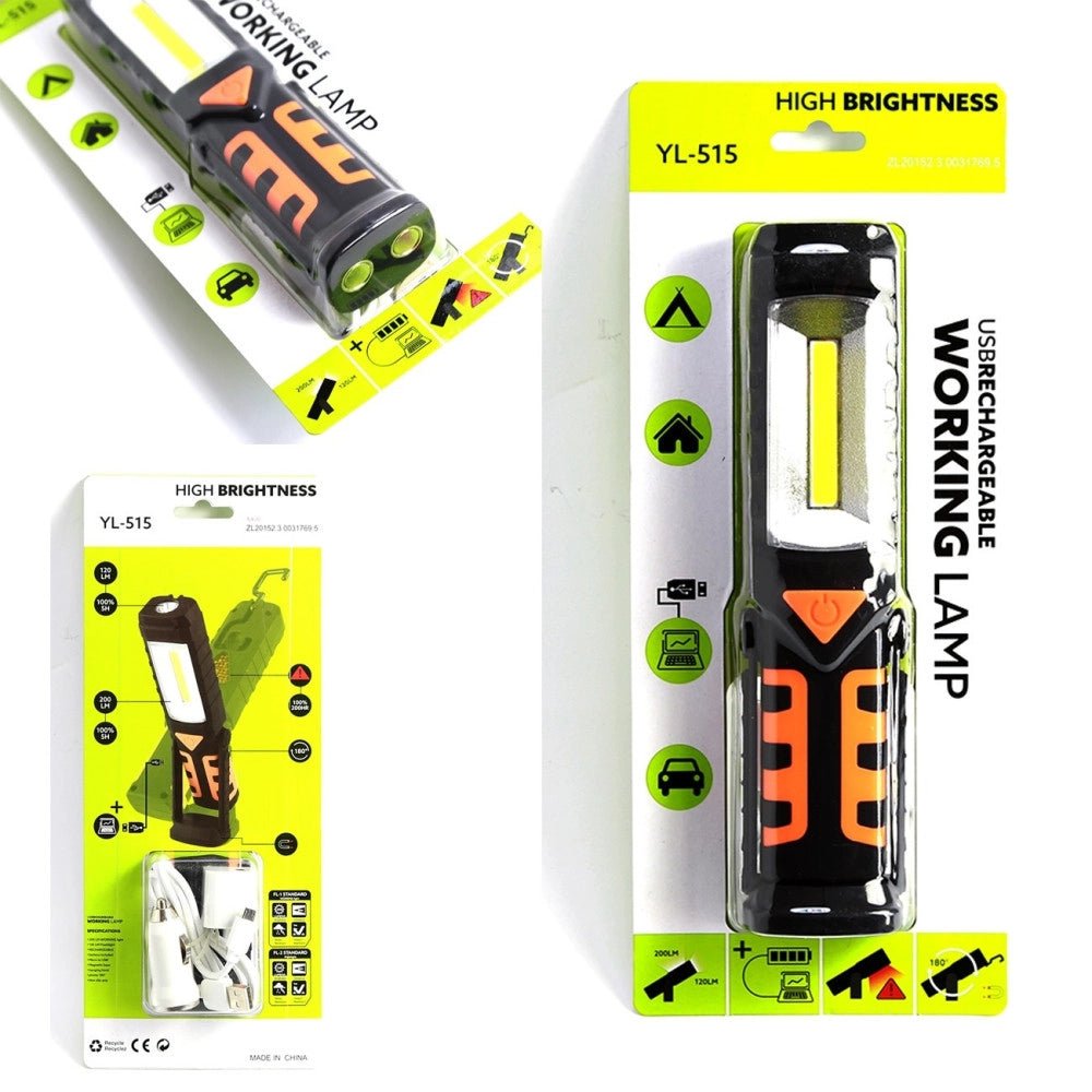 Trade Shop - Torcia Lampada Portatile Ricaricabile Led Strip Cob - Base Orientabile E Ganci -