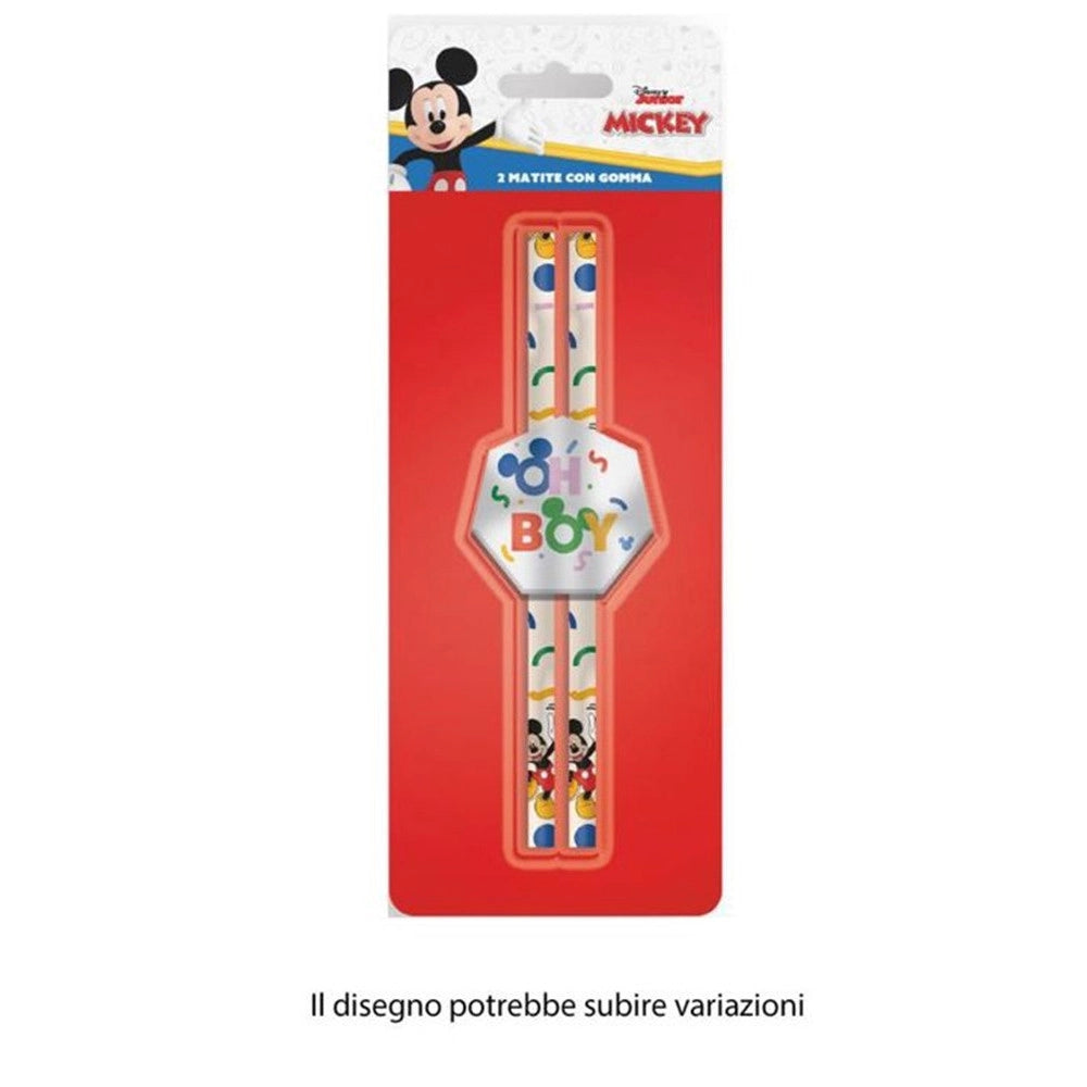 Trade Shop - Set 2 Pz Matite Con Gomma Esagonale Grafica Topolino Cancelleria Scuola Bambini 960665 -