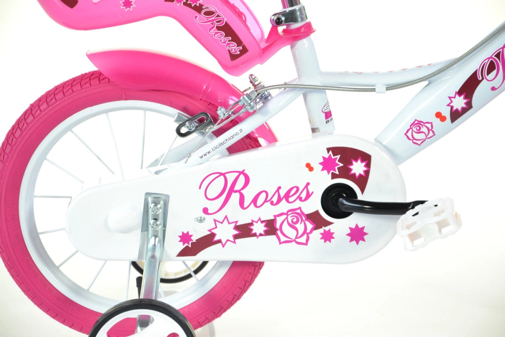 SCH ROSES 14", bicicletta per bambini, adatta tra i 4 e i 6 anni, per altezza tra 100 e 120 cm, con cestino, campanello