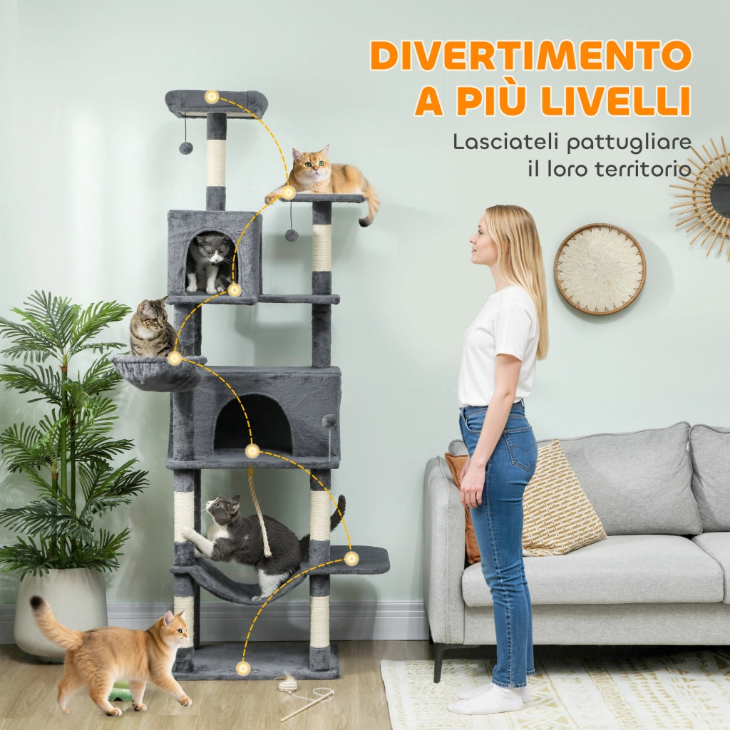 Albero Tiragraffi per Gatti Alto 202 cm con 6 Pali in Sisal, 2 Casette, 2 Amache e Lettino, Grigio
