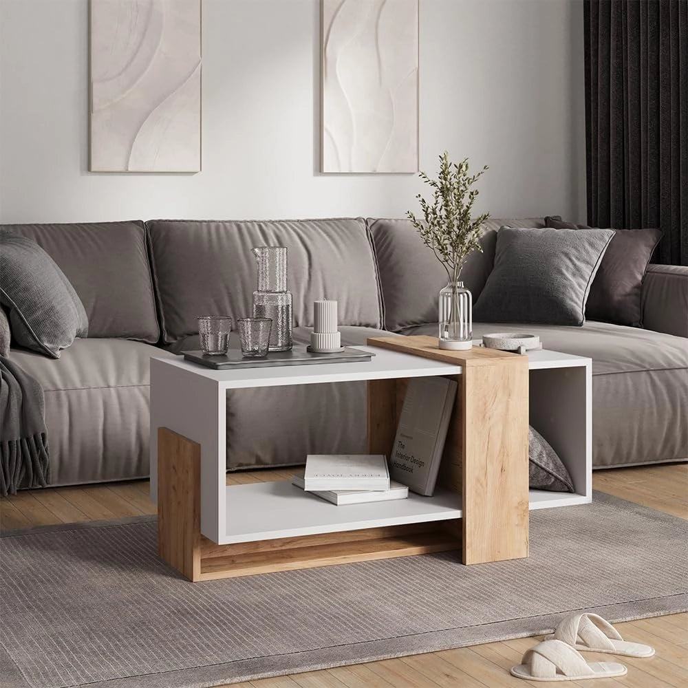 Tavolino Aven, Rovere bianco/dorato, 91.8 x 49 cm, con ripiano aperto per la conservazione di oggetti di uso quotidiano
