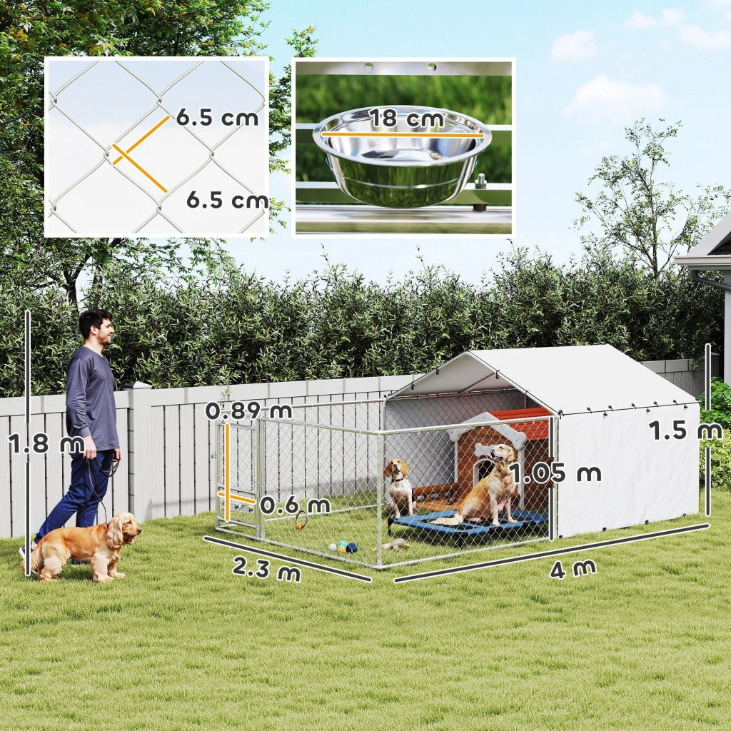 Recinto per Cani con Coperture e Ciotole Girevoli ¨C Minimal ¨C Acciaio, Tessuto Oxford, Argento, 4x2.3x1.5 m