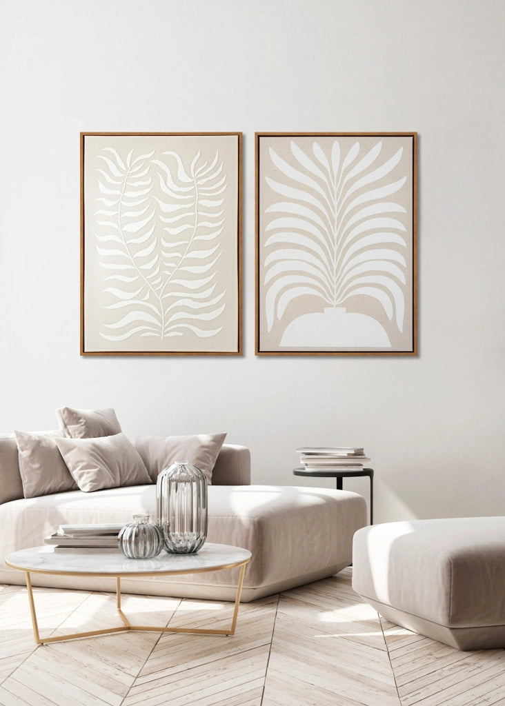 Quadro Hispanohogar in lino con stampa 3D foglie beige e bianco 73x53x4