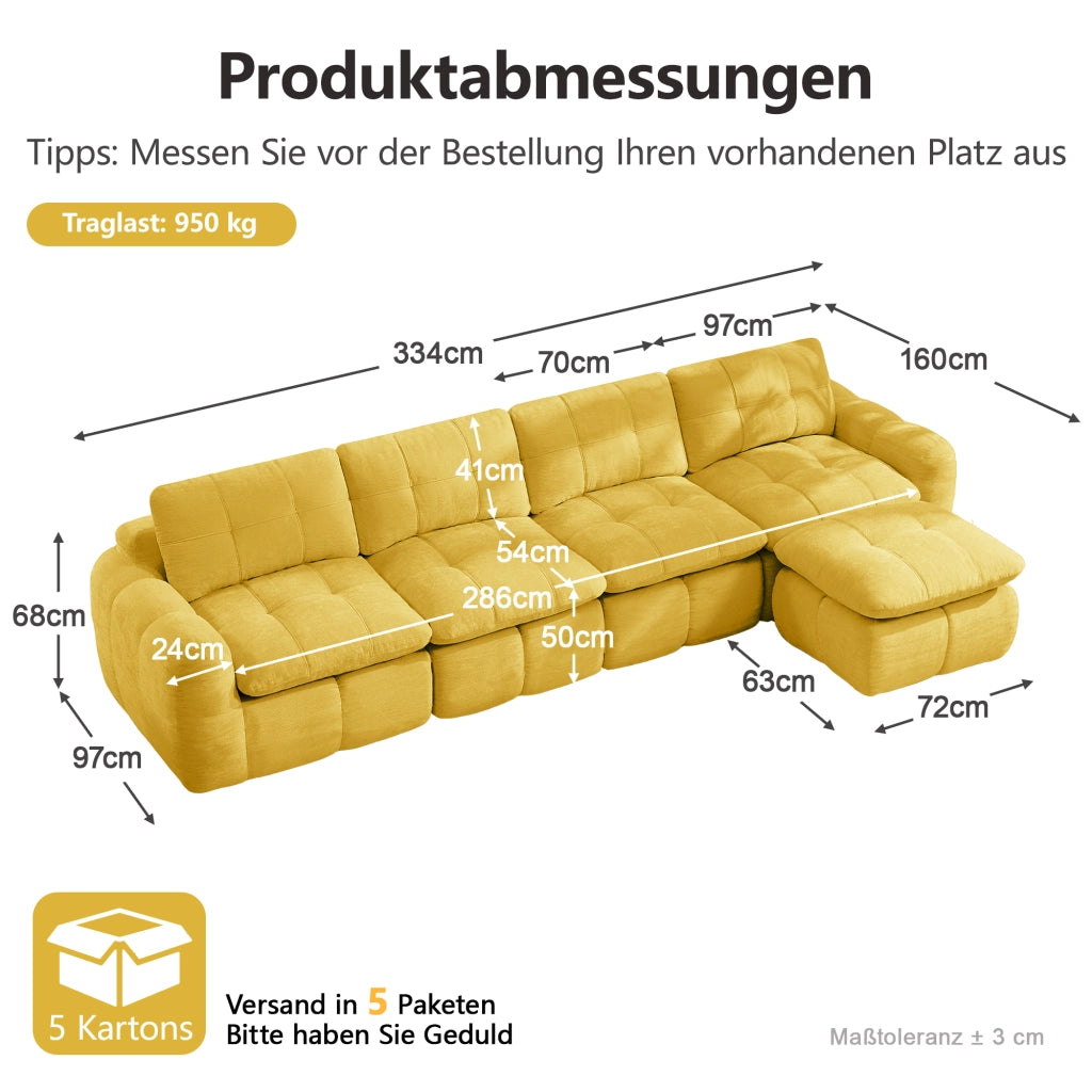 Divano modulare angolare 4 posti con pouf e seduta profonda in chenille giallo 334×160×68 cm