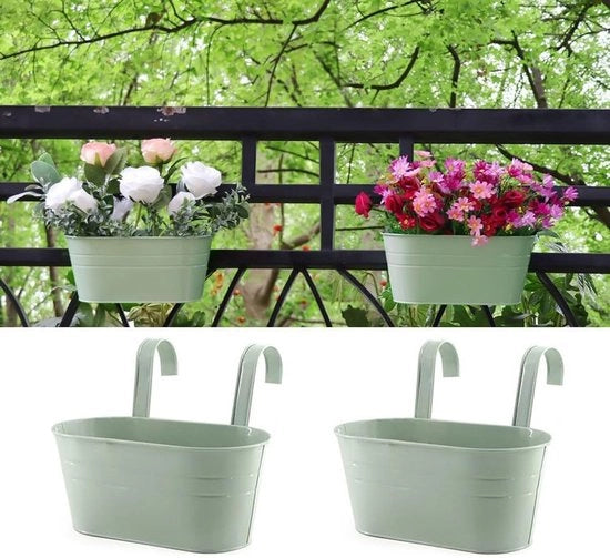 Due vasi da fiori appesi in metallo con gancio, vaso da fiori appeso per decorazione, balcone, muro di giardino, interni ed esterni, 27,5 * 13,9 * 12 cm