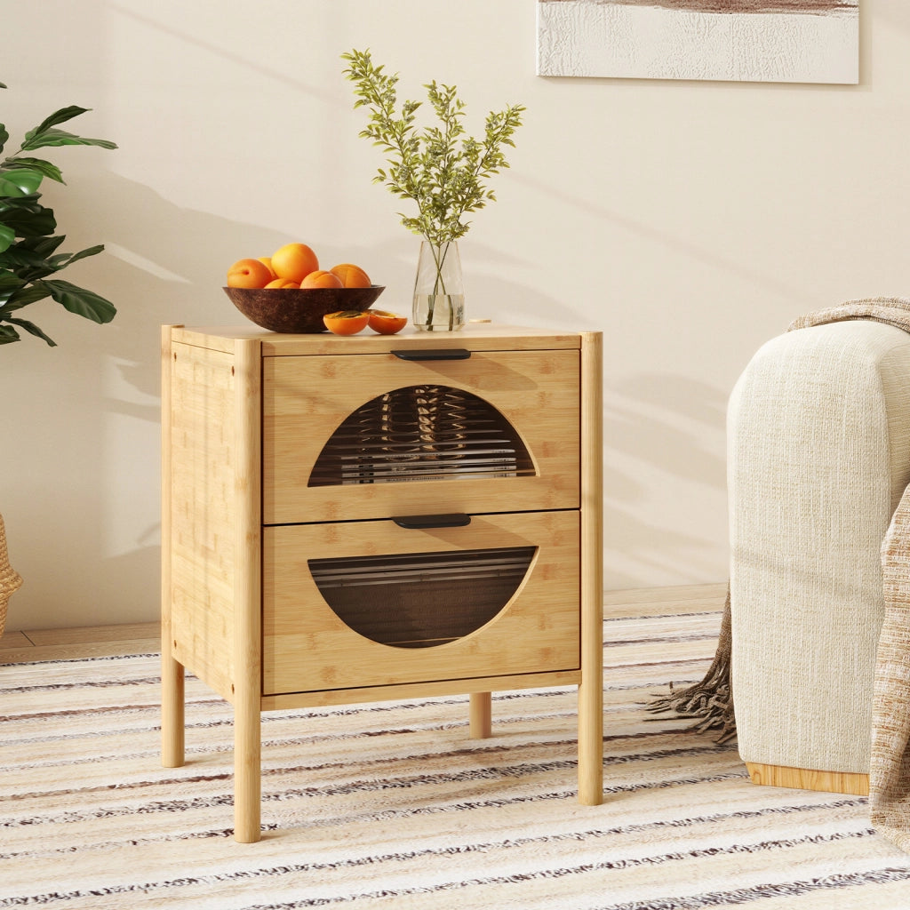 Comodino in bambù mid-century moderno con 2 cassetti e frontali in vetro temperato-Tavolino da notte Tavolino laterale naturale per soggiorno