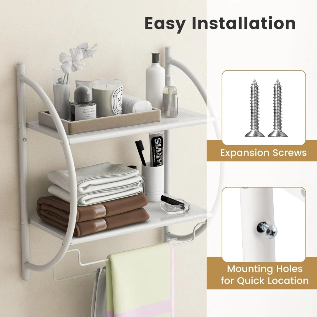 Porta Asciugamani Bagno da Parete, Mensola Bagno Doccia, Montaggio a Parete, con 2 Ripiani e 2 Portasciugamani, per Asciugamani, Antiruggine，45x25,5x55 cm (Bianco)