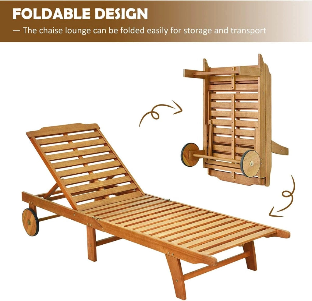 Lettino Prendisole con Schienale Regolabile, Sedia Sdraio in Legno di Eucalipto, Sdraio dav Spiaggia con Cuscino e 2 Ruote, Portata fino a 160 kg, Natura e Beige, ‎195 x 68 x 30-90 cm (2)