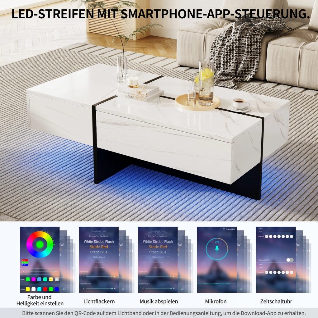 Tavolino da salotto bianco lucido con LED e 3 cassetti