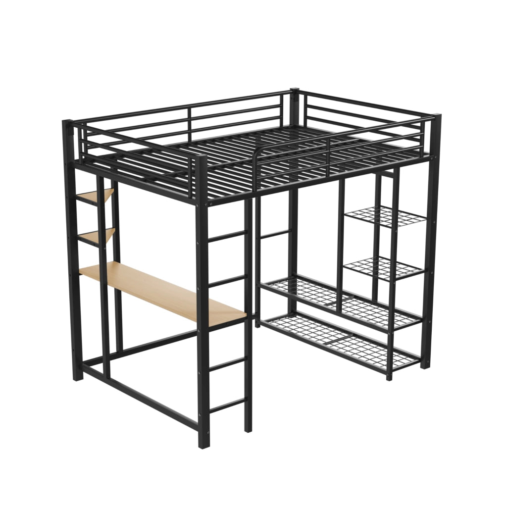 Letto a soppalco 140x200 cm con scrivania e ripiani in metallo nero