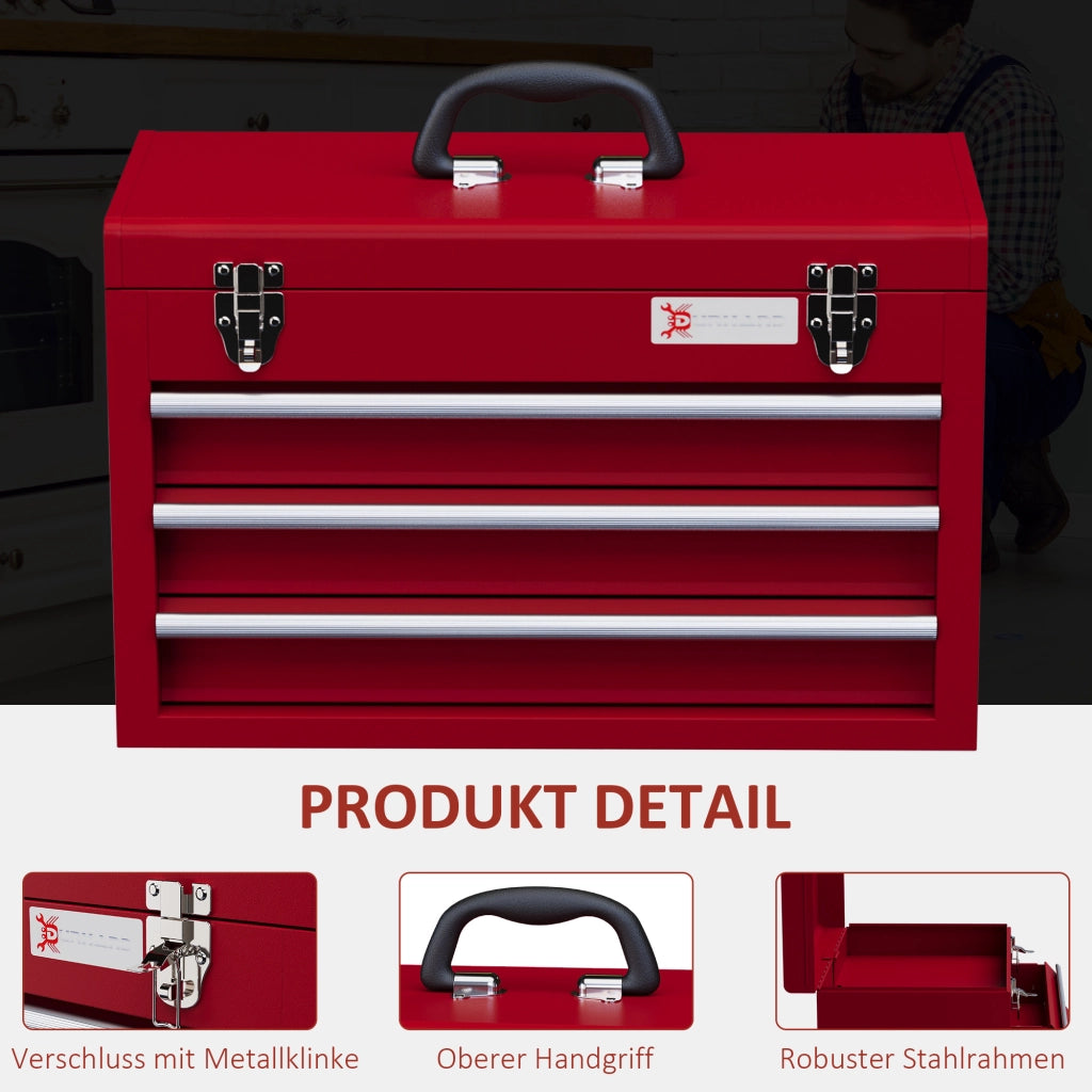 CASSETTA PORTA ATTREZZI 51x22x32 cm 3 cassetti Acciaio Rosso