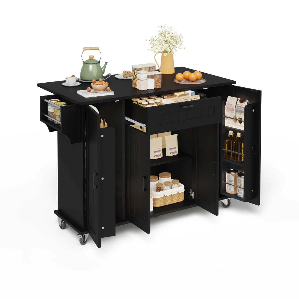Carrello Da Cucina con 4 Ante 1 Cassetto e Piano Ribaltabile; Portasciugamani Laterali; in MDF; 120x45(70)x95 cm; Nero