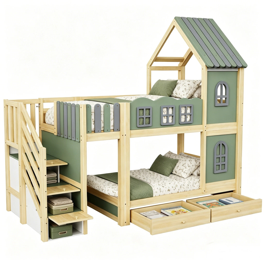 Letto a Castello 90x200 cm; 2 Posti - Scaletta Contenitore; Cassetti - Legno Verde Grigio