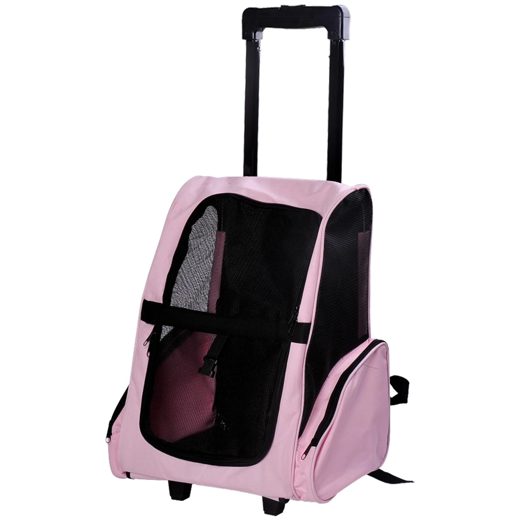 EasyComfort Trasportino Zaino 2 in 1 per Cani e Gatti con Tasche Laterali, Maniglia Telescopica e Ruote, 42x25x55cm, Rosa