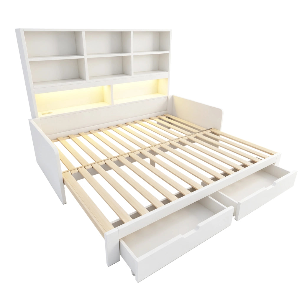 Letto divano estensibile 90x200/180x200 cm con LED; USB; cassetti e ripiani aperti; legno bianco