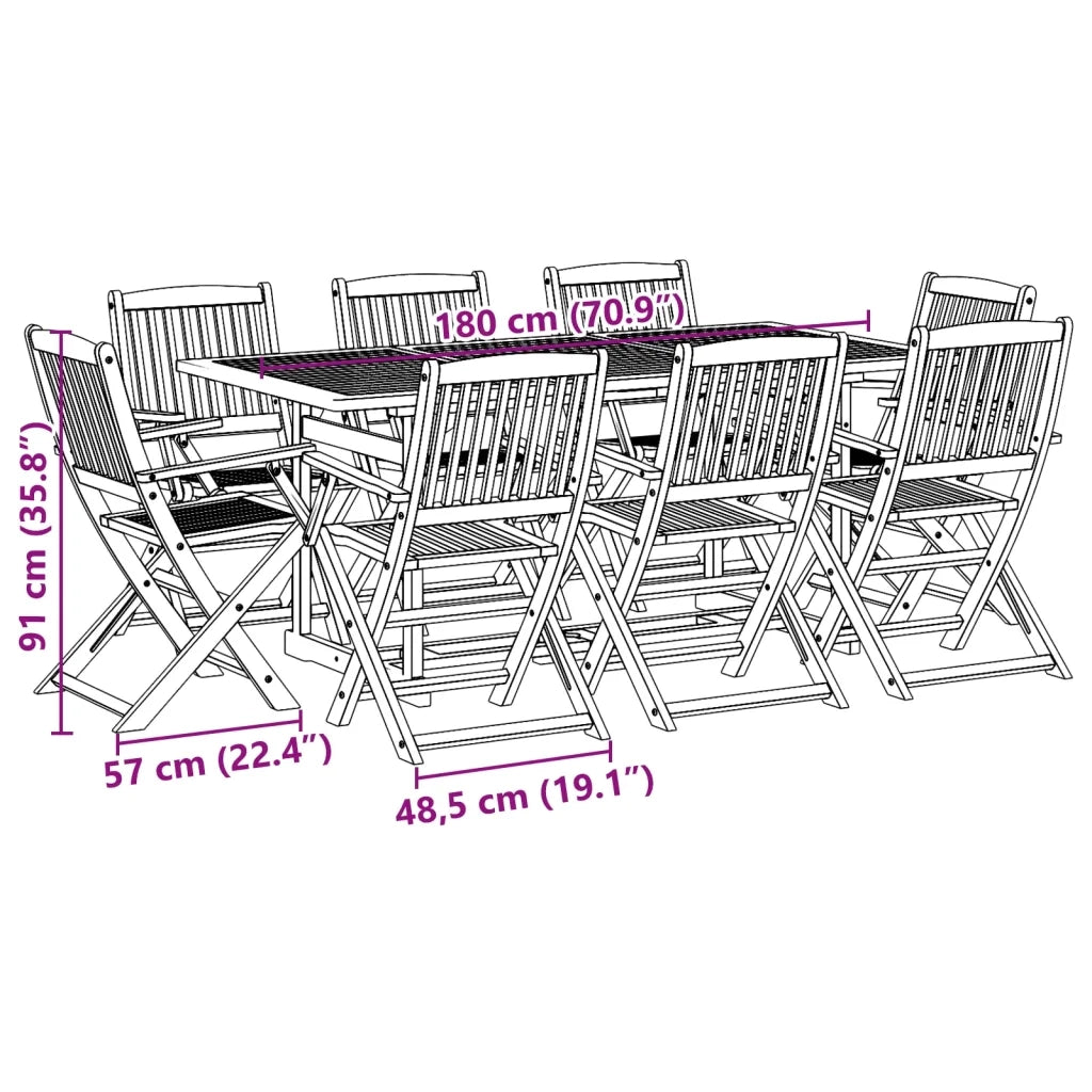 Set da Pranzo da Giardino 9pz 180x90x75cm Legno Massello Acacia
