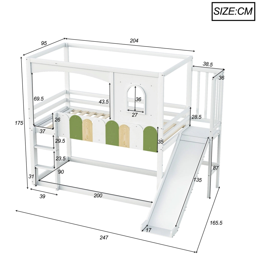 Letto a soppalco per bambini 90x200 cm con scivolo; scala di sicurezza e struttura a casetta