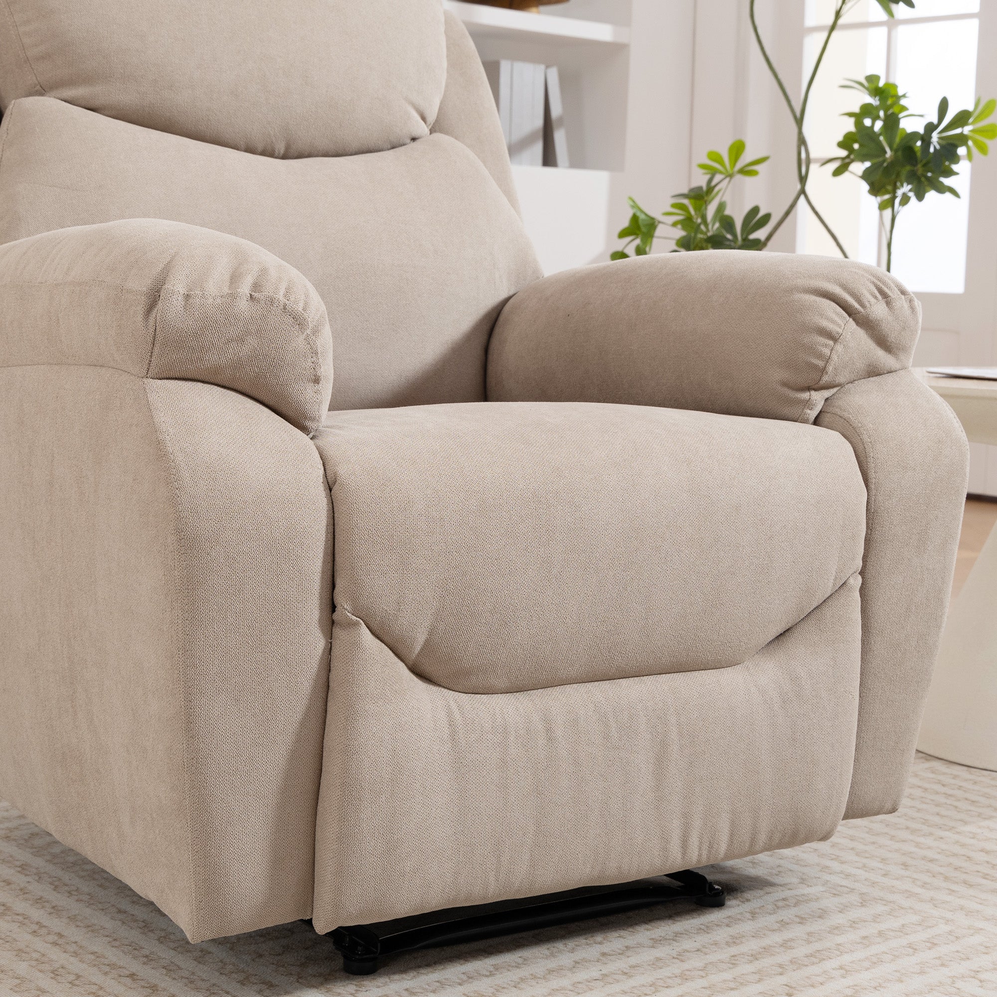 Poltrona Reclinabile Manuale Cuscino Spesso Braccioli Imbottiti e Poggiapiedi in Tessuto Beige