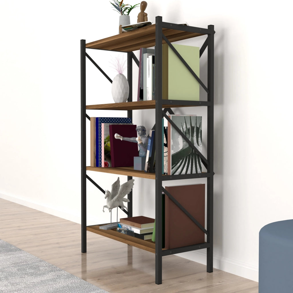 Scaffale da Terra 'Vanylven' Libreria a 4 Ripiani Mobile da Stoccaggio - Effetto Noce [en.casa]