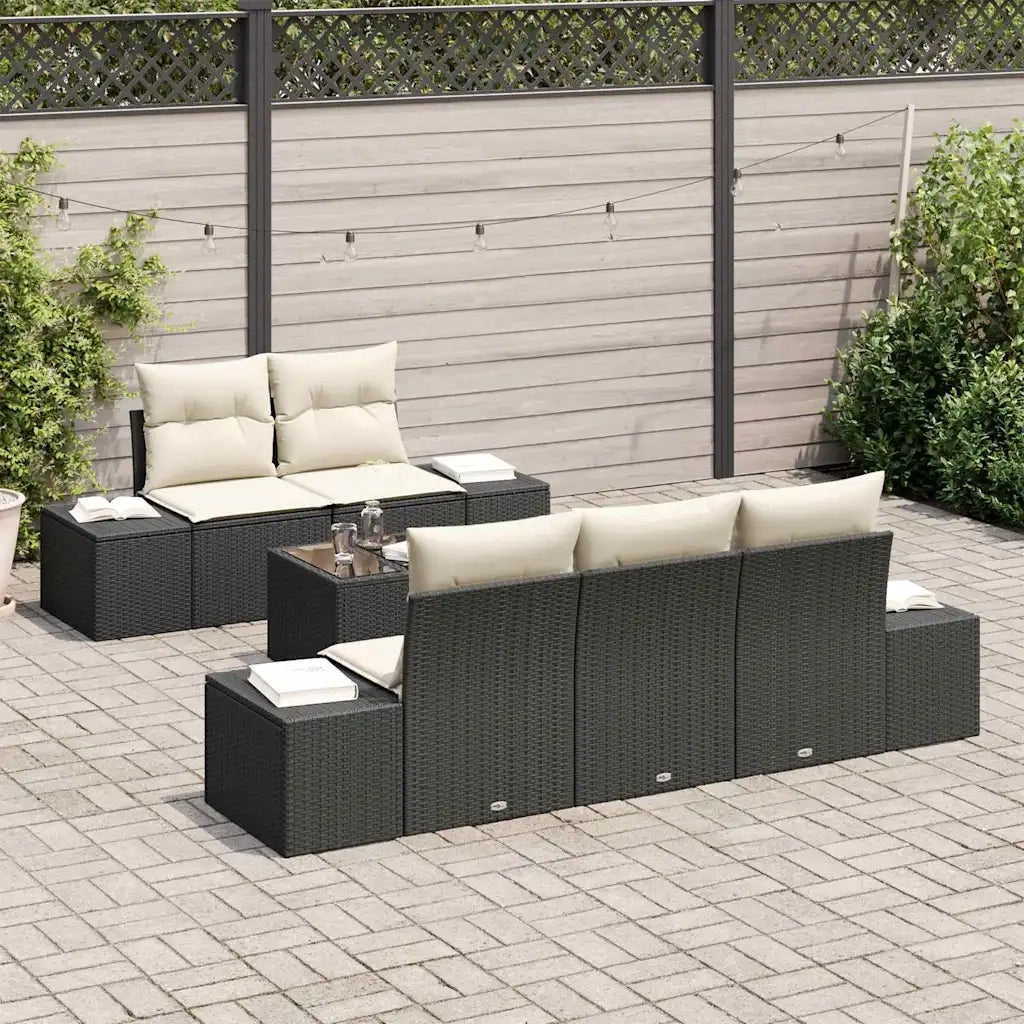 Set Divano da Giardino 6 pcs Nero e Crema polyrattan