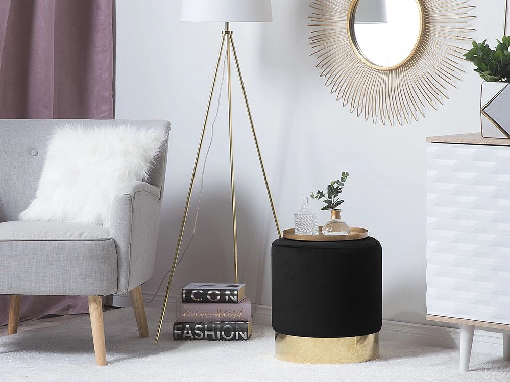 Poggiapiedi rotondo in velluto Nero con pouf da toeletta Glam Sgabello con dorato