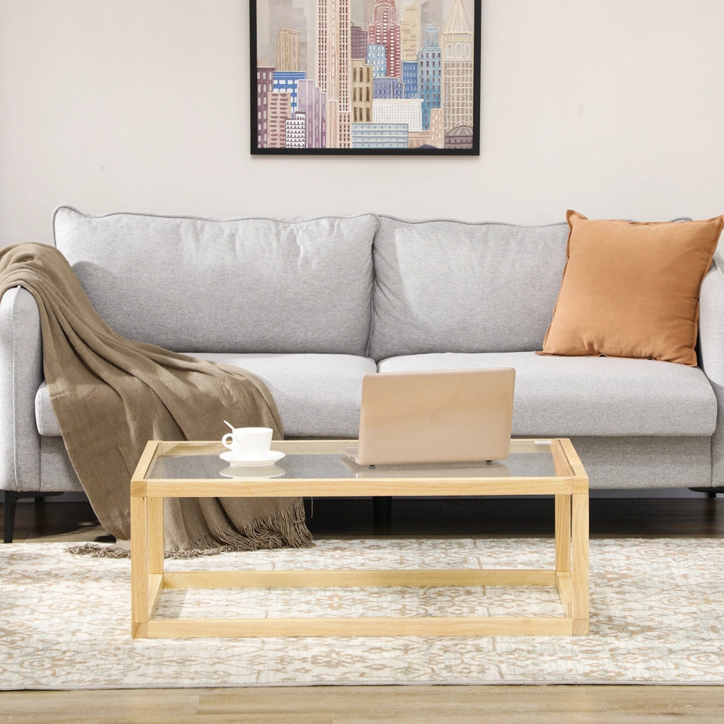 Tavolino da salotto rettangolare con piano in vetro temperato e gambe in legno ¨C Zephmum ¨C 100x60x35 cm