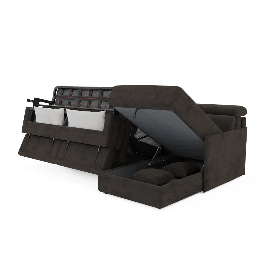 Miryam divano letto angolare compatto - poggiatesta reclinabili e penisola contenitore in tessuto smacchiabile T31 252 cm destro nero fumo