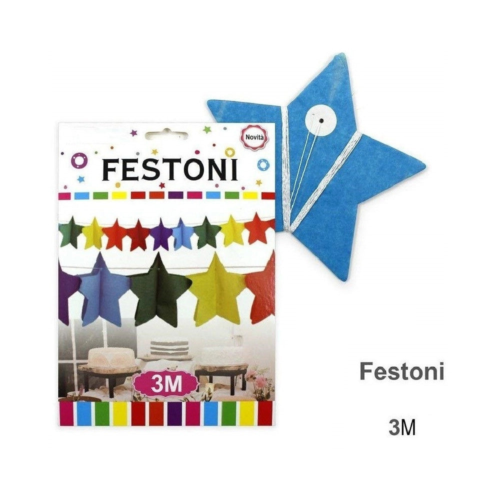 Trade Shop - Set 3 Pezzi Festoni Carta Stelle 3 Metri Stella Colorati Bandierine Feste -