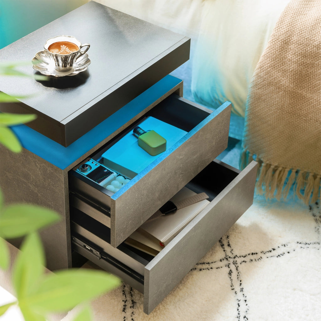 COMODINO LED con 2 cassetti Grigio in pannello di legno