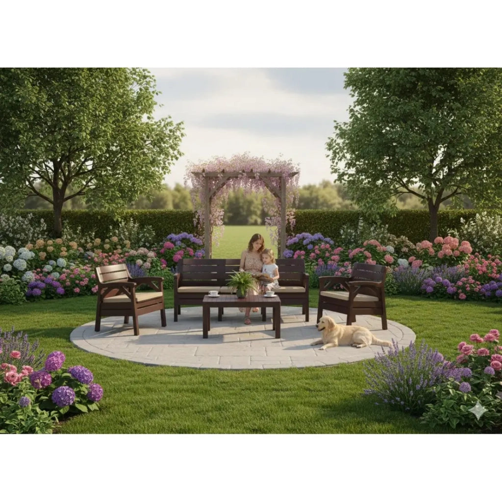 Salotto da giardino SOLVANA 5 posti marrone e beige con divano a 3 posti, poltrone e tavolino