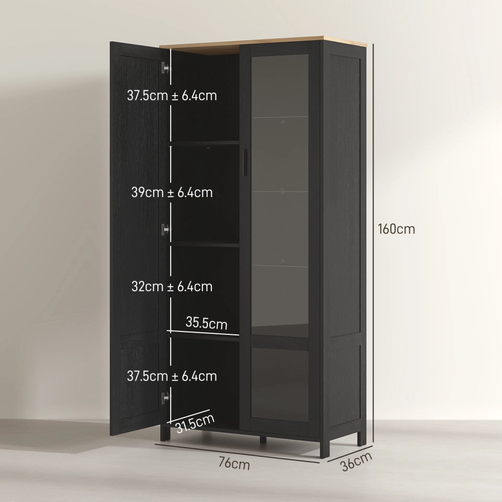 Armadio Cucina con Ante Vetro a 9 Ripiani Regolabili ¨C zephmum ¨C Legno e Nero 76x36x160 cm
