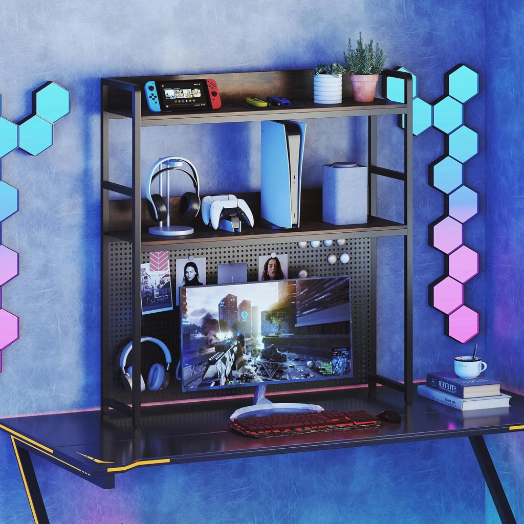 Libreria da Scrivania a 2 Livelli, Scaffale da Tavolo Industriale per Monitor di Computer Fino a 32", Organizzatore di Stoccaggio con Pegboard, per Dormitorio Ufficio e Casa, 94x27x103 cm