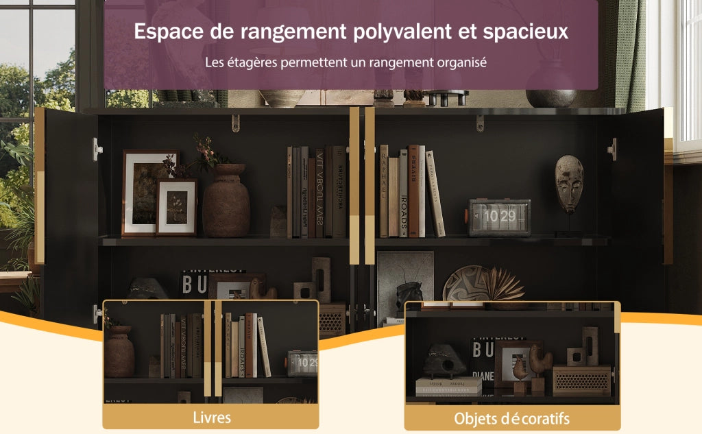 Sideboard nero 152x40x75 cm, design geometrico, maniglie e piedi dorati