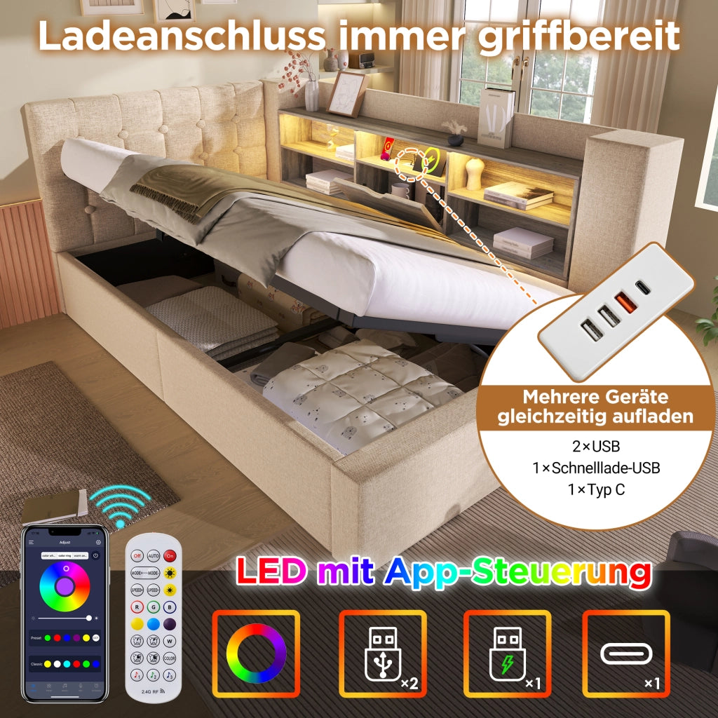 LETTO 90x190 cm con LED e contenitore idraulico, lino beige