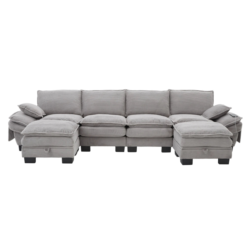 Divano modulare ULEVR 4 posti 330x132x84 cm con 2 pouf contenitore, USB-C e tasche laterali, grigio chiaro