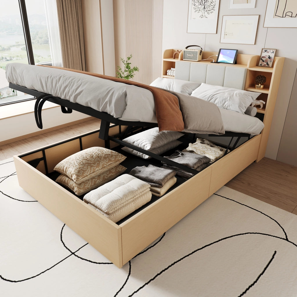 OKWISH Letto Contenitore 140×200 cm, Letto Matrimoniale con Contenitore Idraulico, USB, Tipo C e Vani, senza Materasso, MDF, Legno Naturale