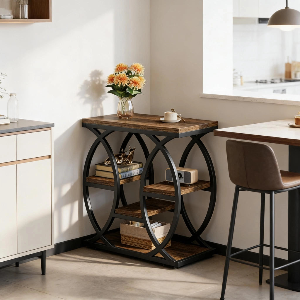 Tavolino basso compatto a più livelli in metallo e legno marrone 72 × 61,5 × 11,5 cm