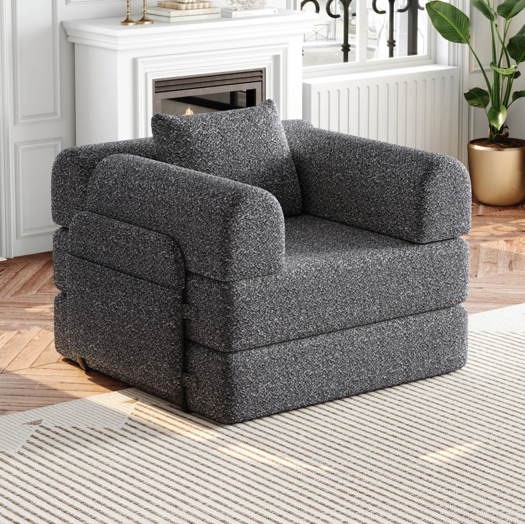 Divano letto 2 in 1 monoposto in ciniglia grigia con vano bracciolo