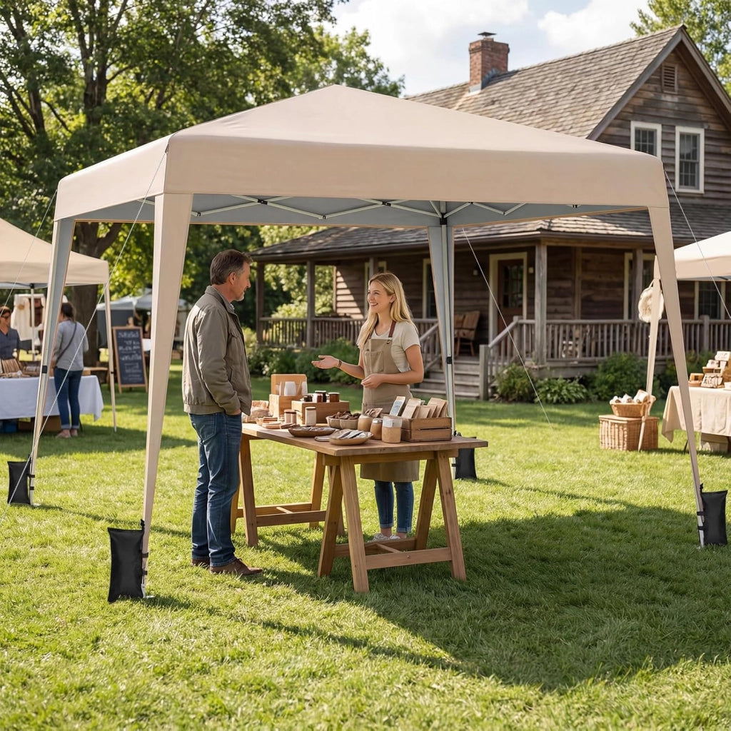 Gazebo da Giardino 3 x 3 M, Tendone Parasole con Telo Impermeabile e Resistente, Sacchi di Sabbia, Pieghevole, Portatile e Altezza Regolabile, per Esterno, Mercati, Fiere e Campeggio (Beige)