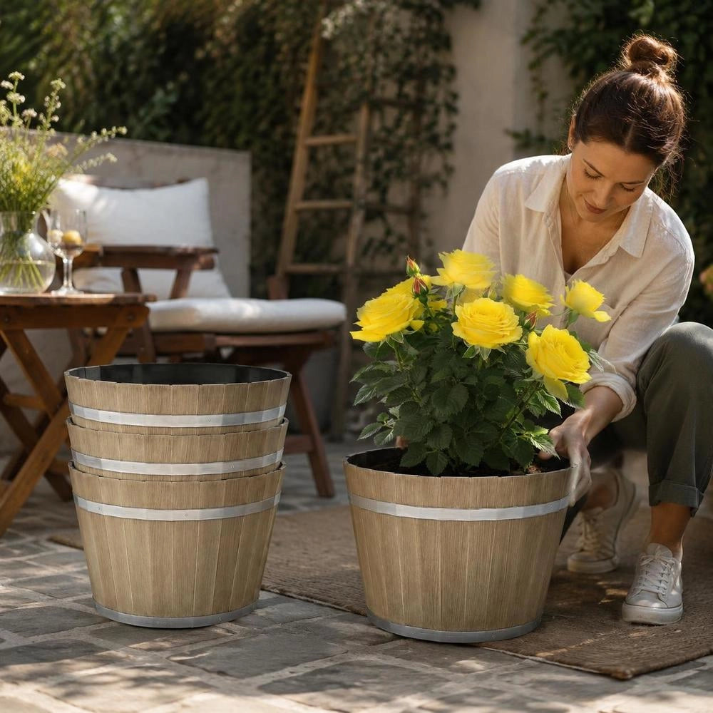 Flower Pots 300 X 210 Mm, Pack Of 4, Whisky Barrel Planters With Drainage Holes, Plastic Plant Pot In Wine Barrel Design For Indoor & Outdoor Plants, Garden, Home, Brown
