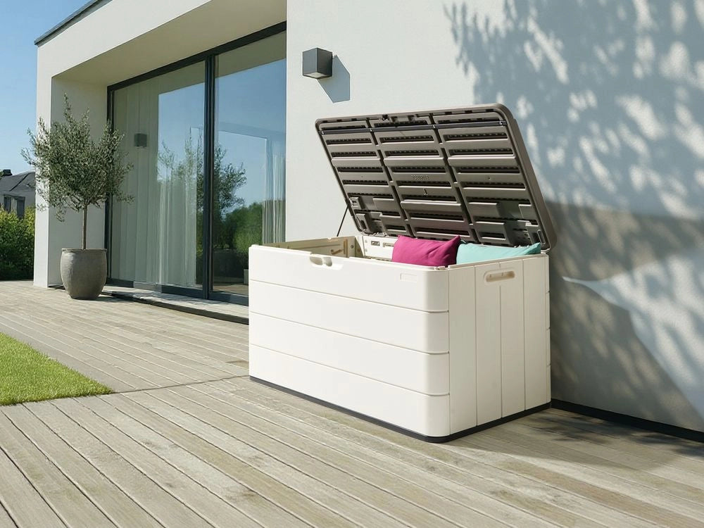 Panca da giardino in plastica bianco per esterni 116 x 60 cm con maniglie e rotelle Cassetta porta attrezzi da esterno
