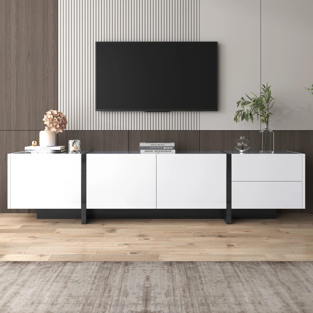 Mobile TV con 3 Ante e 2 Cassetti; Bianco Lucido con Piedini Neri; Soggiorno; 190??35??45 cm; Pannello Truciolare