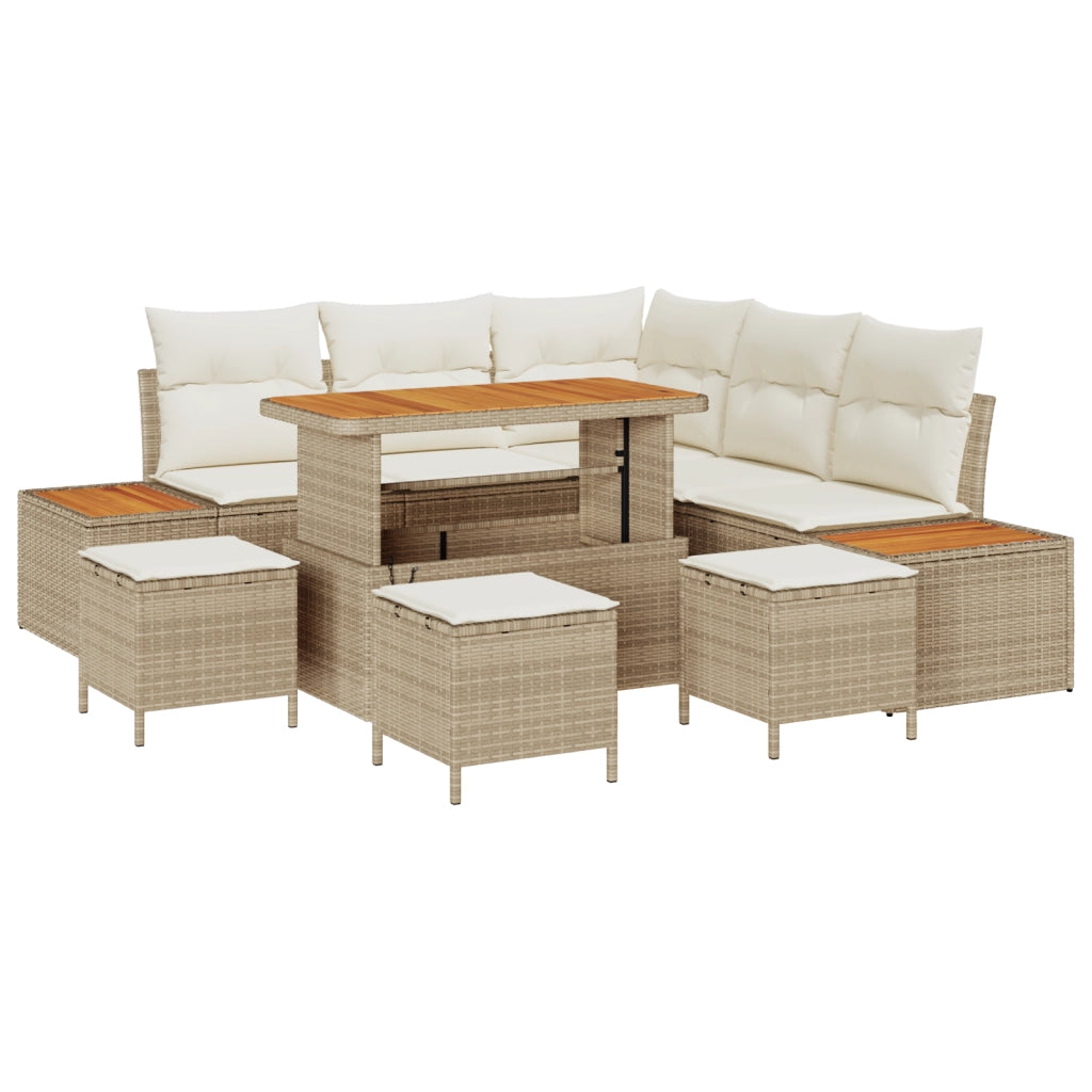 Set Divano da Giardino a 9 pezzi con Cuscini Beige Poly Rattan Acacia