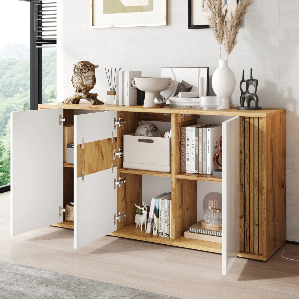 Madia moderna 140×35×71 cm con 3 ante bianche lucide e struttura in legno naturale, 6 scomparti, capacità fino a 60 kg