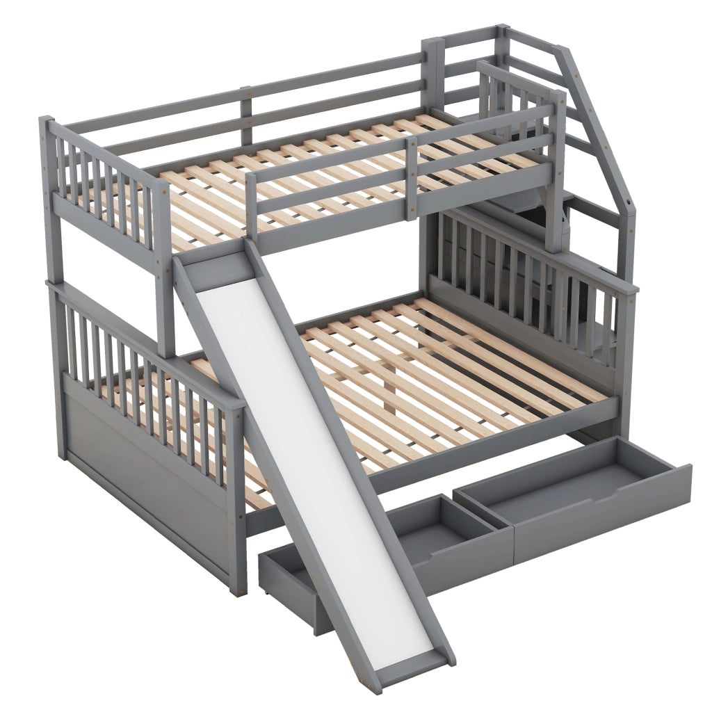 OKWISH Letto a Castello 90×200 cm e 140×200 cm, Letto 3 Posti con Contenitore, Cassetti e Scivolo, senza Materasso, Grigio