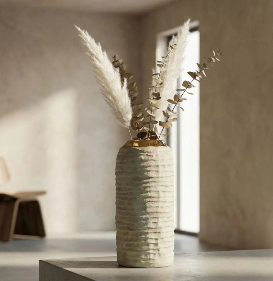 Vaso Lima Ø14x30 cm in Ceramica Grigio e Oro