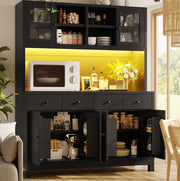 Credenza alta nera con LED RGB, ante in vetro e 4 cassetti
