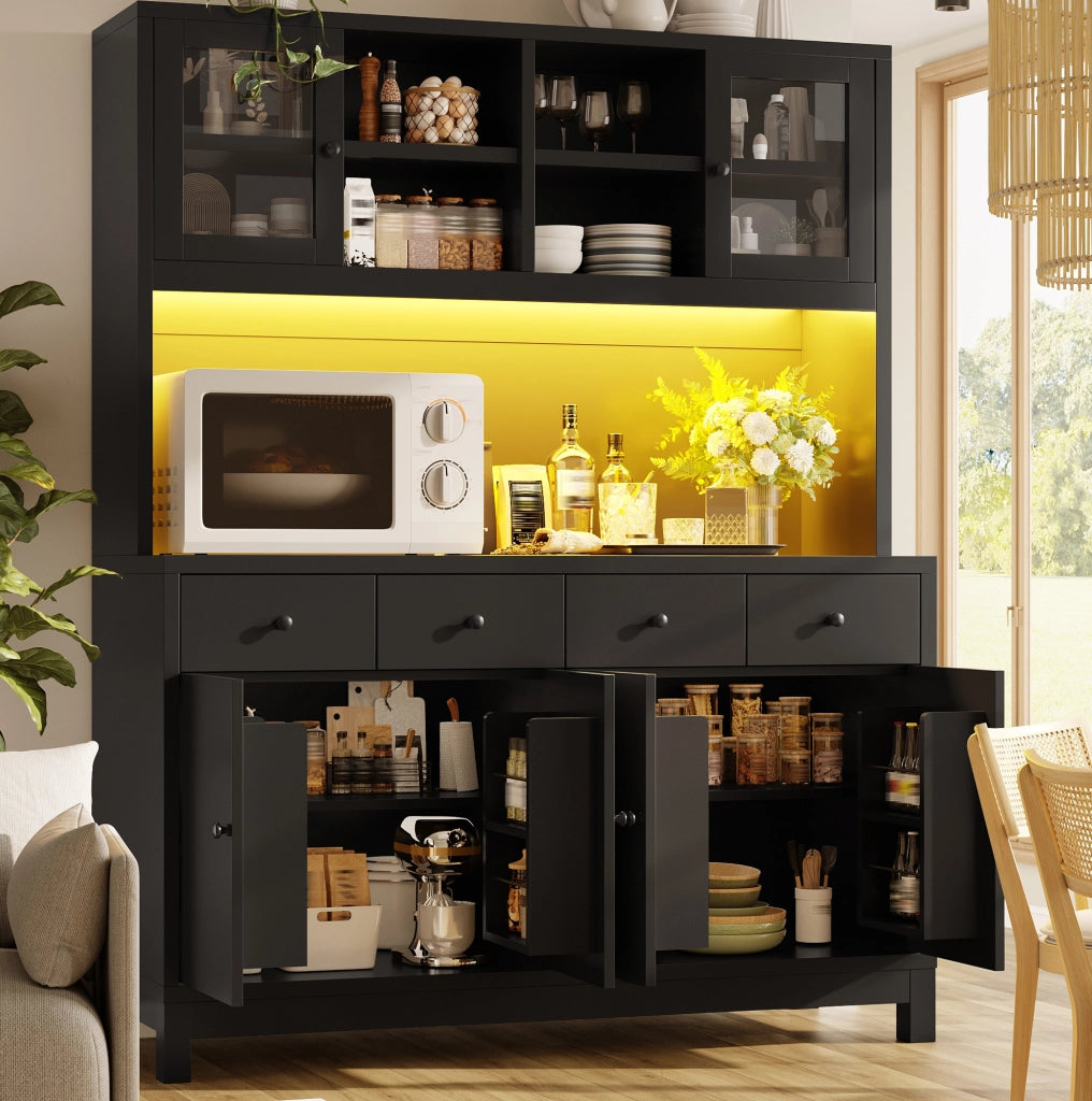 Credenza alta nera con LED RGB, ante in vetro e 4 cassetti