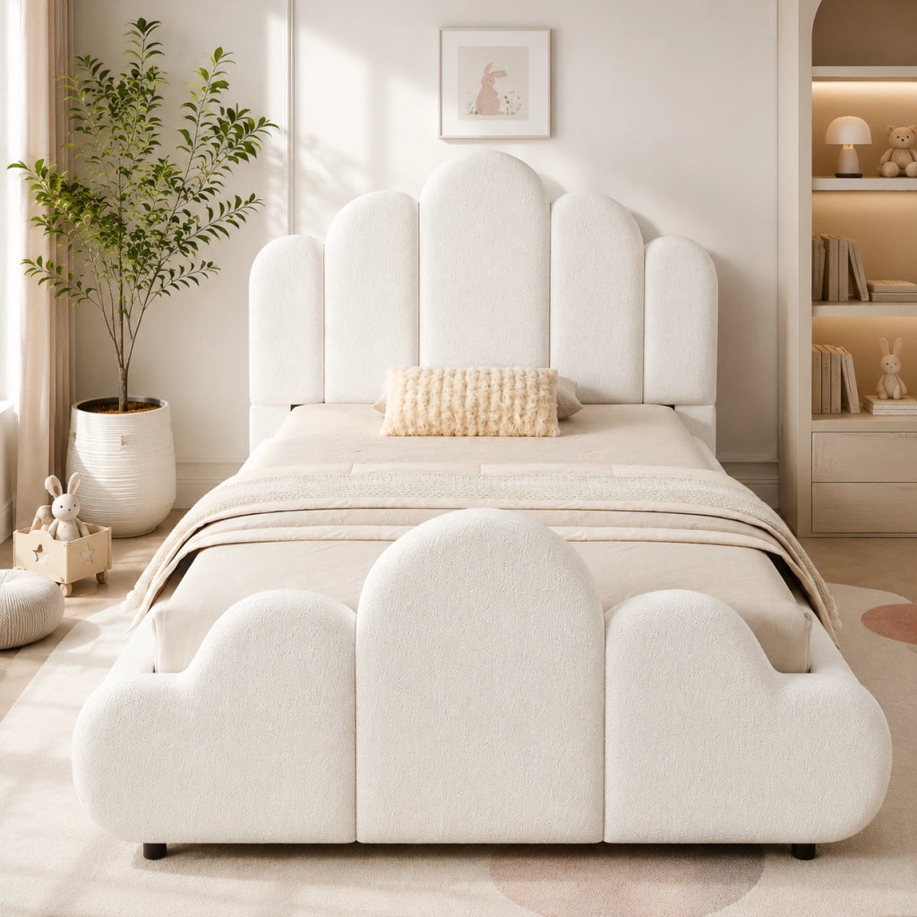 Letto per Bambini 90 x 200 cm; Letto Singolo - Bouclé; Bordi Arrotondati; Beige