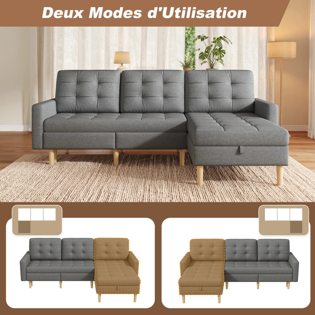 Divano angolare reversibile con chaise longue e doppio vano contenitore in tessuto grigio 212 × 130 × 86 cm